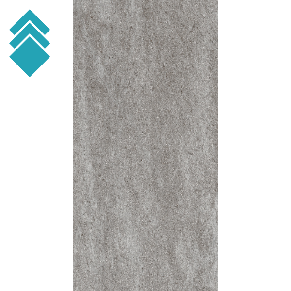 Grey textured vertical concrete panel with a teal stacked-diamond logo on the left edge.