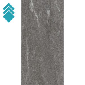 Vertical grey stone texture panel with a rough, speckled surface; teal logo on the left.