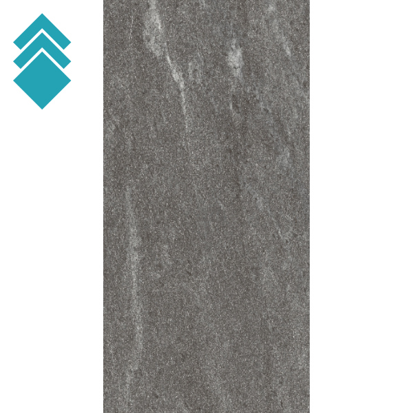 Podne pločice od gres porcelana za spoljašnju i unutrašnju upotrebu 60x120cm Fiordi Grigio-Scuro - MS klasa Vertical grey stone texture panel with a rough, speckled surface; teal logo on the left.