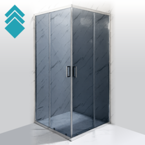 Glass shower enclosure with metal frames and two door handles, set against marble-patterned walls in a bathroom corner.