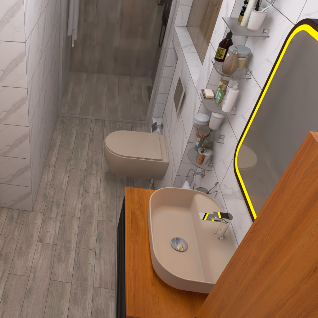 Top-down view of a modern bathroom with a wall-mounted beige toilet, a beige sink on a wooden vanity, and a rounded mirror with a yellow-lit border; white tiled walls and wooden and gray tiled floor with shelves of toiletries along the wall.