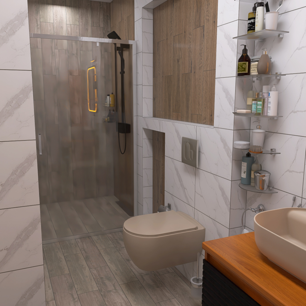 Modern bathroom with a glass-enclosed shower, wall-mounted beige toilet, and wood accents.