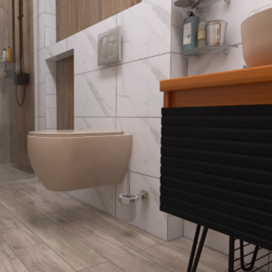Modern bathroom with a wall-mounted beige toilet, marble-like tiled wall, and a glass shower to the left; a black slatted vanity on the right.