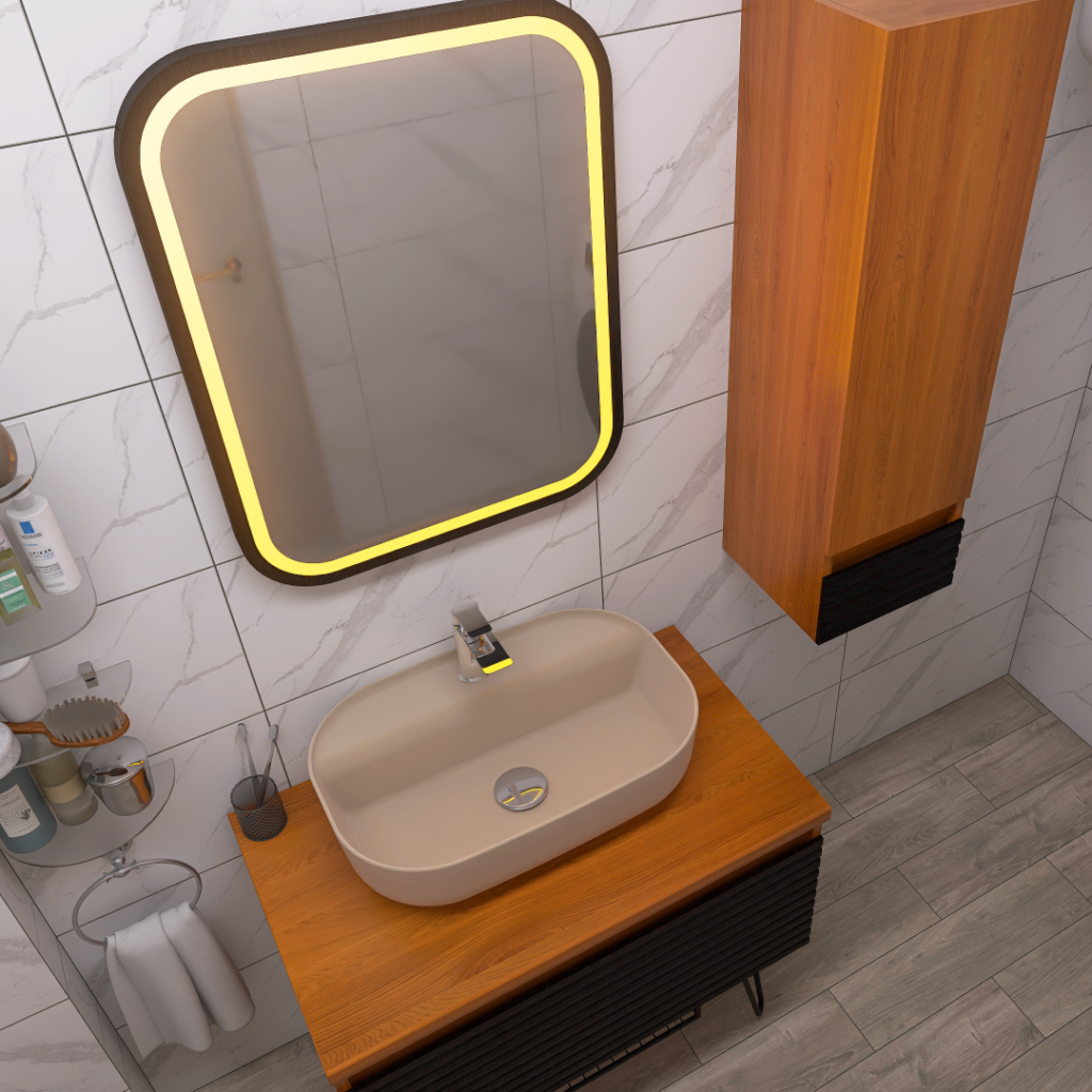 Backlit square mirror with a warm yellow edge above a beige oval sink on a wooden vanity in a marble-tiled bathroom.