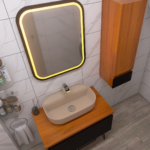 Backlit square mirror with a warm yellow edge above a beige oval sink on a wooden vanity in a marble-tiled bathroom.