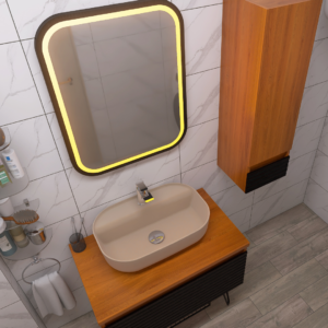 Backlit square mirror with a warm yellow edge above a beige oval sink on a wooden vanity in a marble-tiled bathroom.
