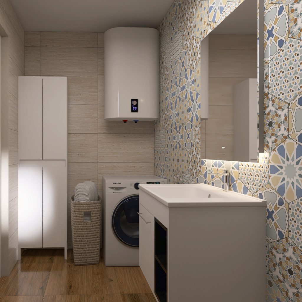 Modern bathroom-laundry room with a front-loading washing machine, wicker laundry basket, tall white cabinet, wall-mounted water heater, and a white sink with a mirror set against colorful geometric tiles.