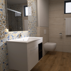 Modern bathroom with a white vanity and sink, decorative mosaic tile wall, and wall-mounted toilet.