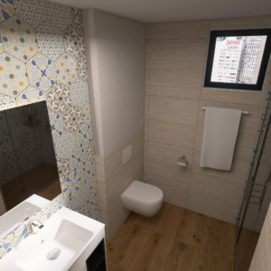 Modern bathroom with geometric tile wall, wall-mounted toilet, white sink, towel rail, and wood-look floor; city buildings visible through the window.