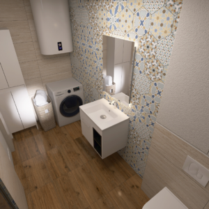 Small bathroom with patterned tiled wall, wall-mounted sink, mirror, washing machine, laundry basket, and wooden floor.