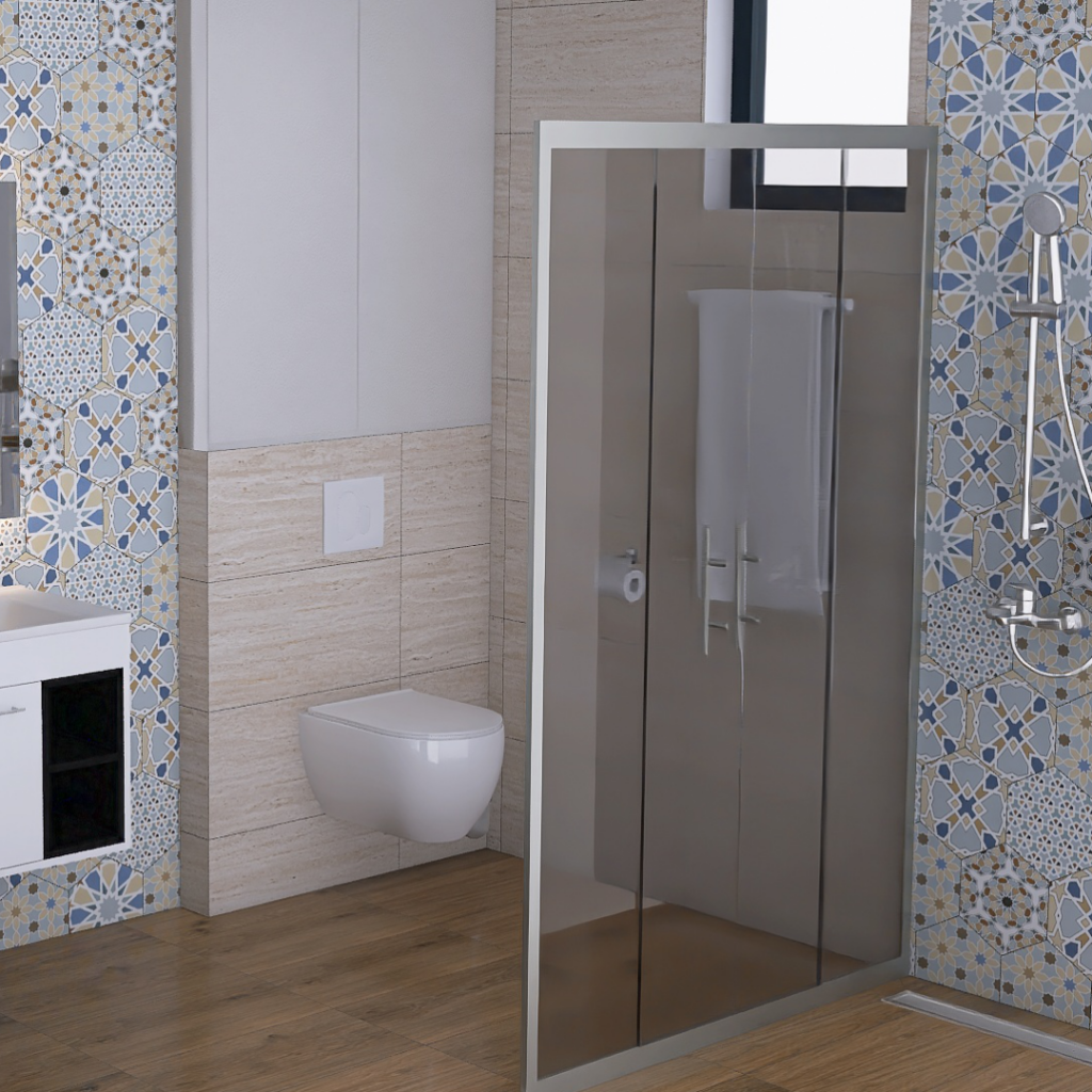 Modern bathroom with a wall-mounted toilet, glass shower enclosure, and patterned blue-beige tiled walls on a wooden floor.
