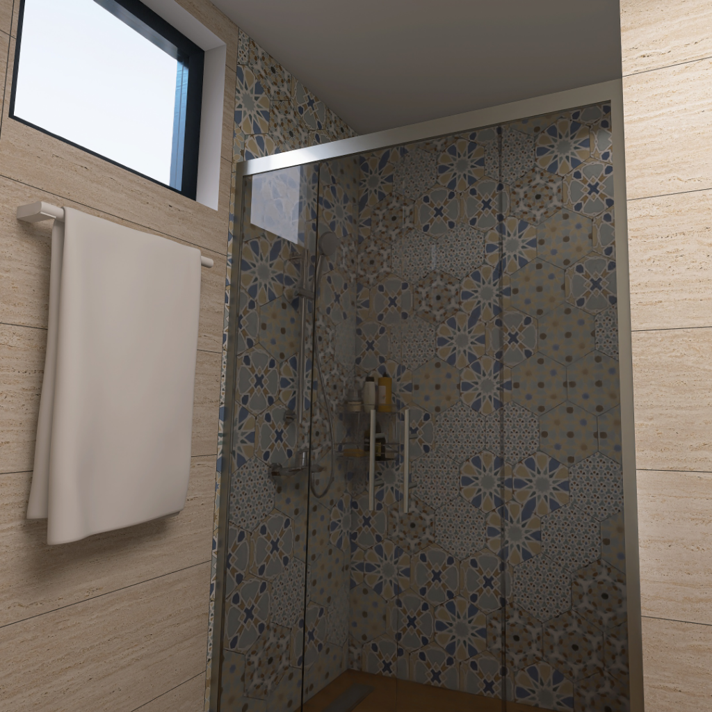 Shower with decorative blue-beige mosaic tile walls, glass enclosure, and a hanging beige towel on the wall rack