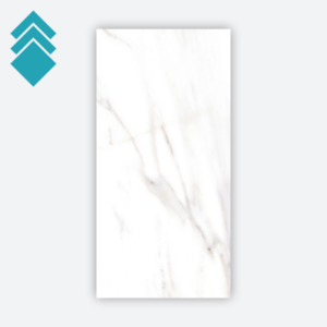 Vertical white marble slab with subtle gray veining against a light gray background, shown upright as a tile
