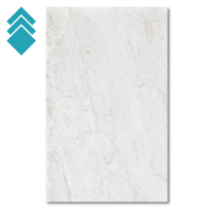 Tall white marble tile with subtle gray veining, centered on a light background; teal stacked-diamond logo sits on the left edge.