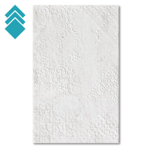 Embossed white tile with subtle floral damask patterns and a matte finish