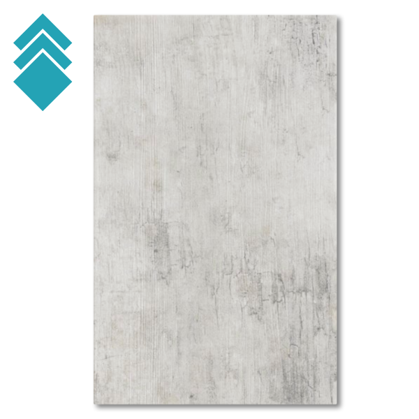 Concrete-look tile sample in light gray with subtle weathering, shown with a teal brand logo on the left side.