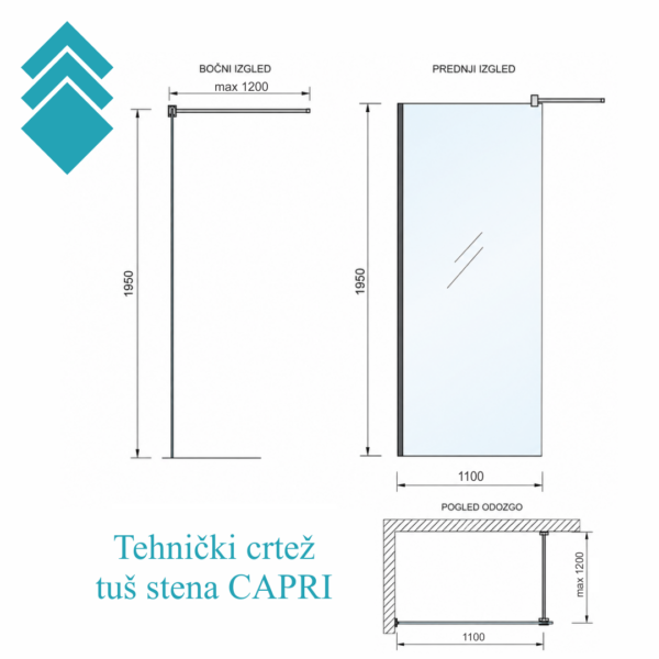 Tuš stena CAPRI 110x195 (sivo - zatamnjeno staklo 8mm) - bez kadice TC Technical drawing of Capri shower wall with side and front views, showing dimensions (1100 mm wide, 1950 mm tall, extension up to 1200 mm).