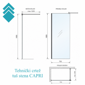 Technical drawing of CAPRI shower wall showing side, front, and cross-section views with dimensions (e.g., 1950 mm height, 700 mm width, 1200 mm extension).