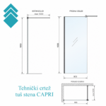 Technical drawings of CAPRI shower wall: side, front, and cross-section views with overall 1950 mm height and 900 mm width; shows top rail extension up to 1200 mm.