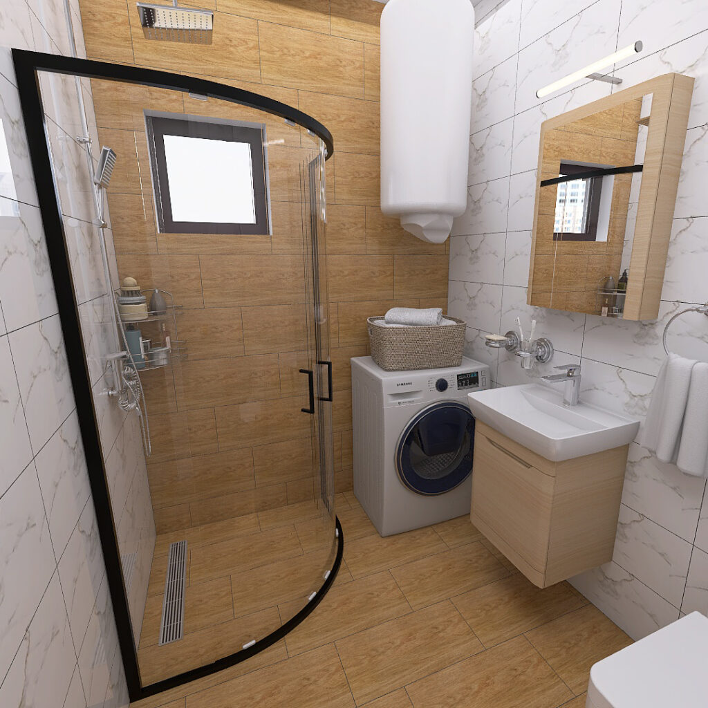 Compact modern bathroom with curved glass shower enclosure, washing machine, sink, and wooden vanity. Parked towels and basket on washer, marble walls, and warm wood tones.