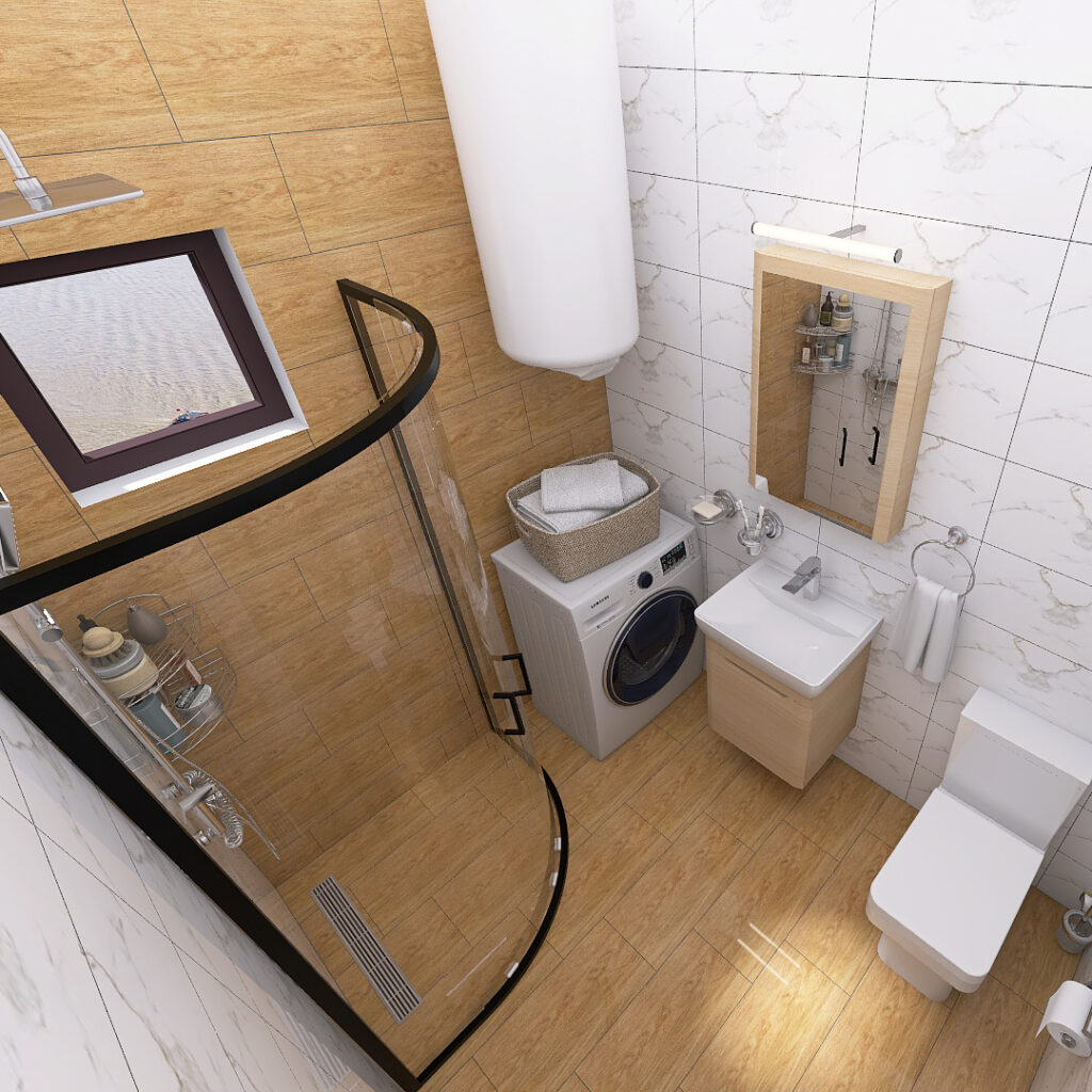 Modern bathroom with curved glass shower, washing machine, sink, and toilet on wooden and marble walls/floor layout.