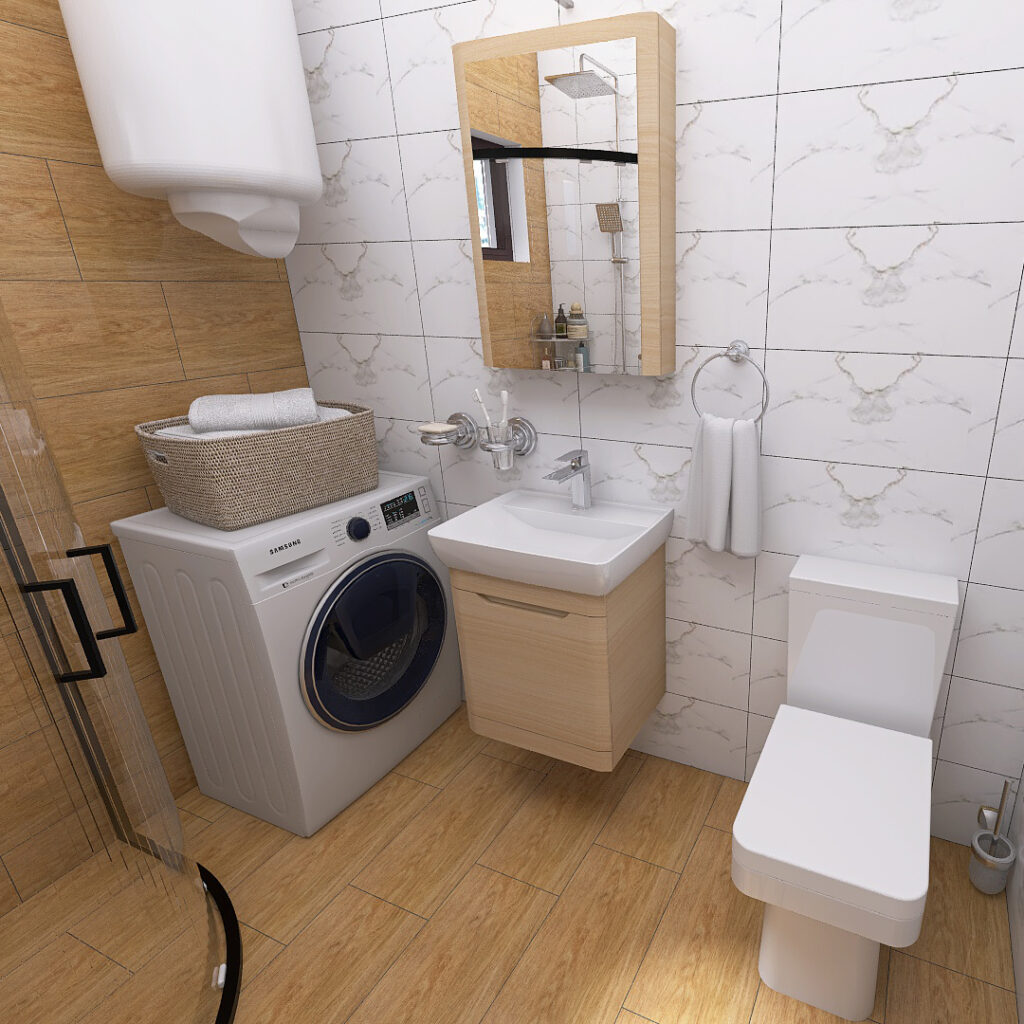 Compact bathroom featuring a front-loading washing machine with a woven towel basket on top, a wooden vanity with sink, a wall-mounted mirror cabinet, towel ring, and a white toilet on tiled walls and wooden flooring.