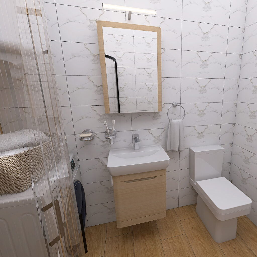 Modern bathroom with wall-mounted sink, wooden vanity, rectangular mirror, and a towel ring beside the toilet.
