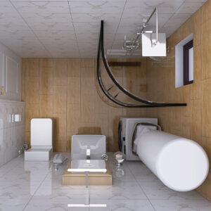 Modern bathroom with a rounded white bathtub, washing machine, and a curved black glass shower screen beside a white sink on a wooden vanity; toilet along marble walls.