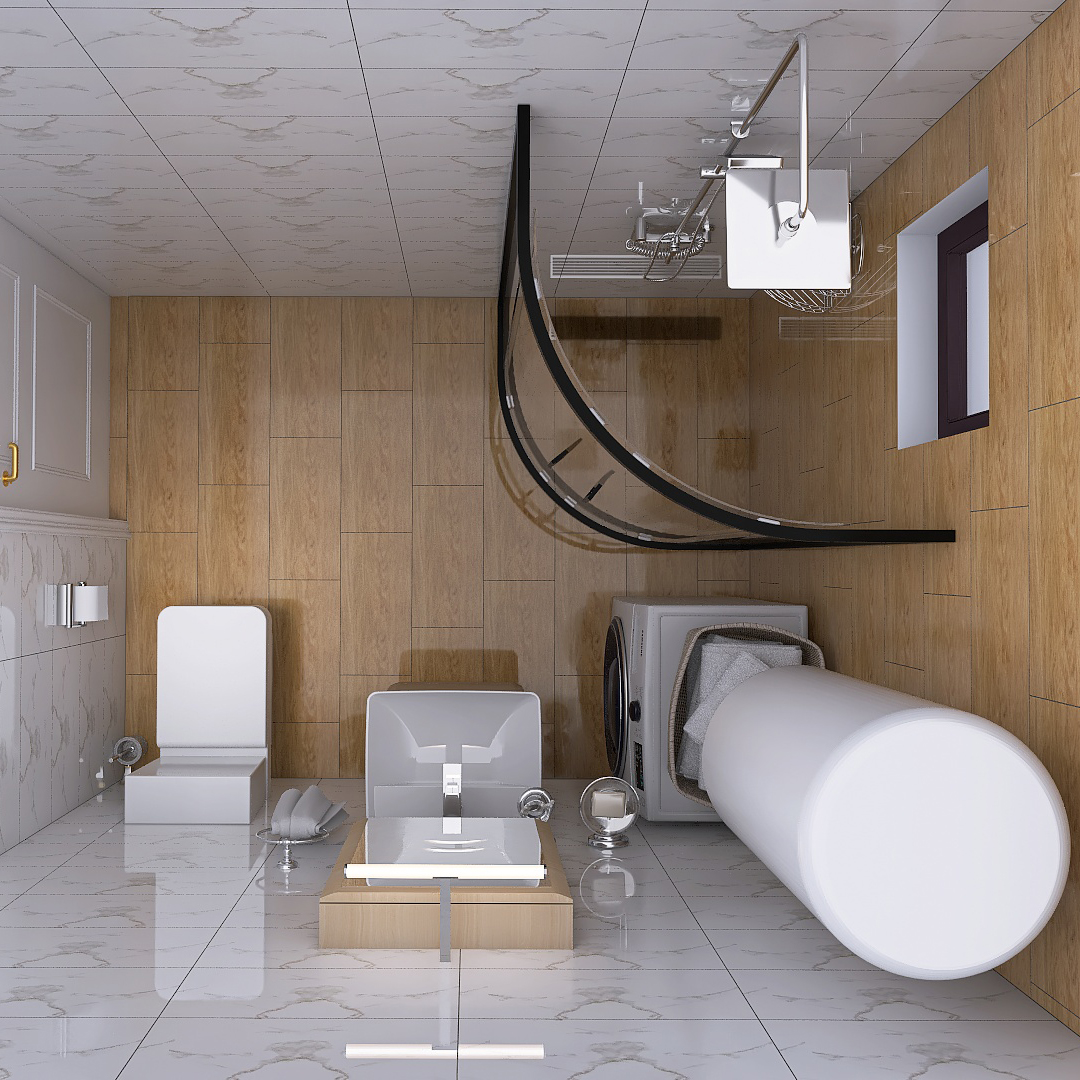 Modern bathroom with a rounded white bathtub, washing machine, and a curved black glass shower screen beside a white sink on a wooden vanity; toilet along marble walls.