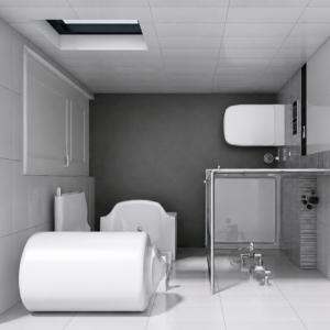 Top-down view of a modern bathroom with a freestanding tub on the left, toilet at the top right, and a glass shower enclosure on the bottom right.