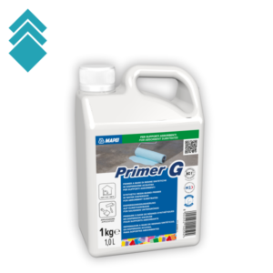 White plastic bottle labeled MAPEI Primer G with a handle; 1 kg (1.0 L) container for priming absorbent substrates.