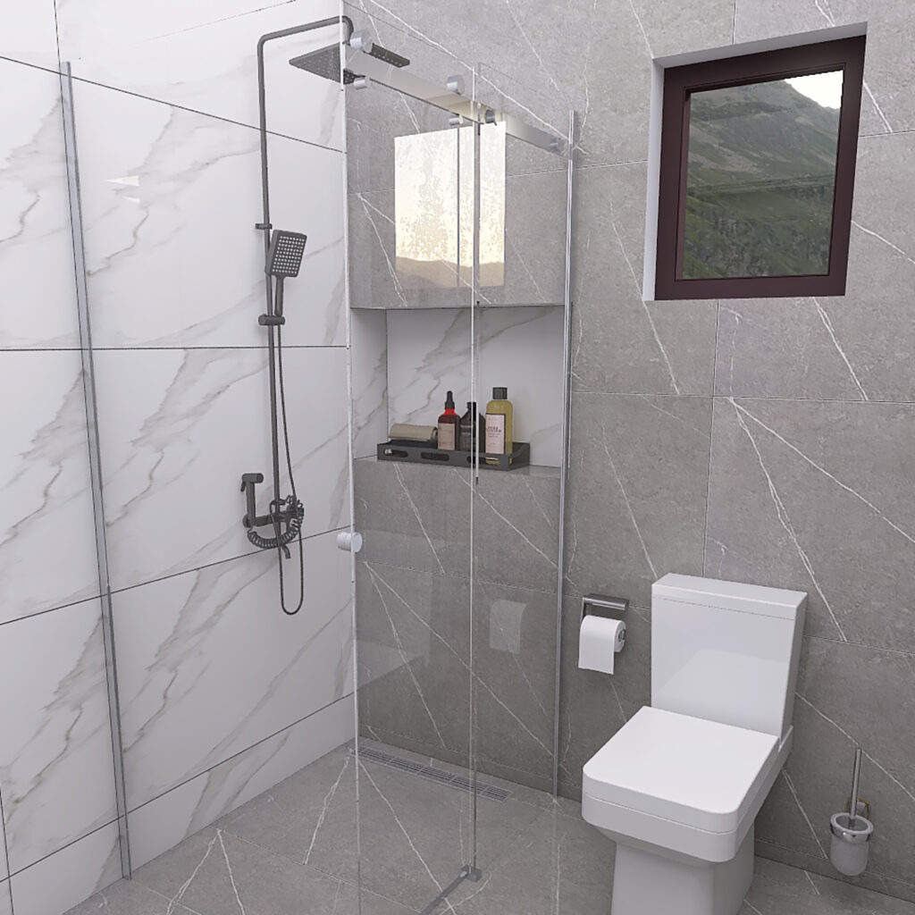 Modern bathroom with glass shower enclosure, grey marble tiles, a rainfall shower, and a white toilet.