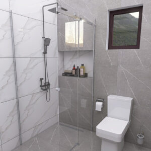Modern bathroom with glass shower enclosure, grey marble tiles, a rainfall shower, and a white toilet.