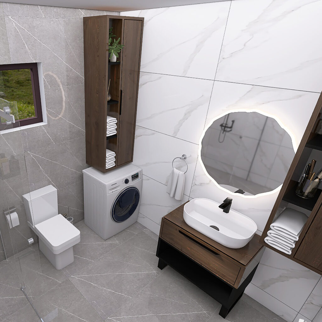 Modern bathroom with a front-loading washing machine beneath a tall wooden cabinet, white sink, and a large circular backlit mirror.