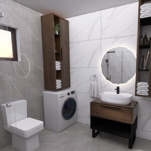 Modern bathroom with washing machine and toilet, wooden cabinets, marble walls, and a backlit round mirror above a sink.