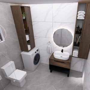 Modern bathroom with a front-loading washing machine beneath wooden cabinets and a white sink with a round backlit mirror above a wooden vanity.