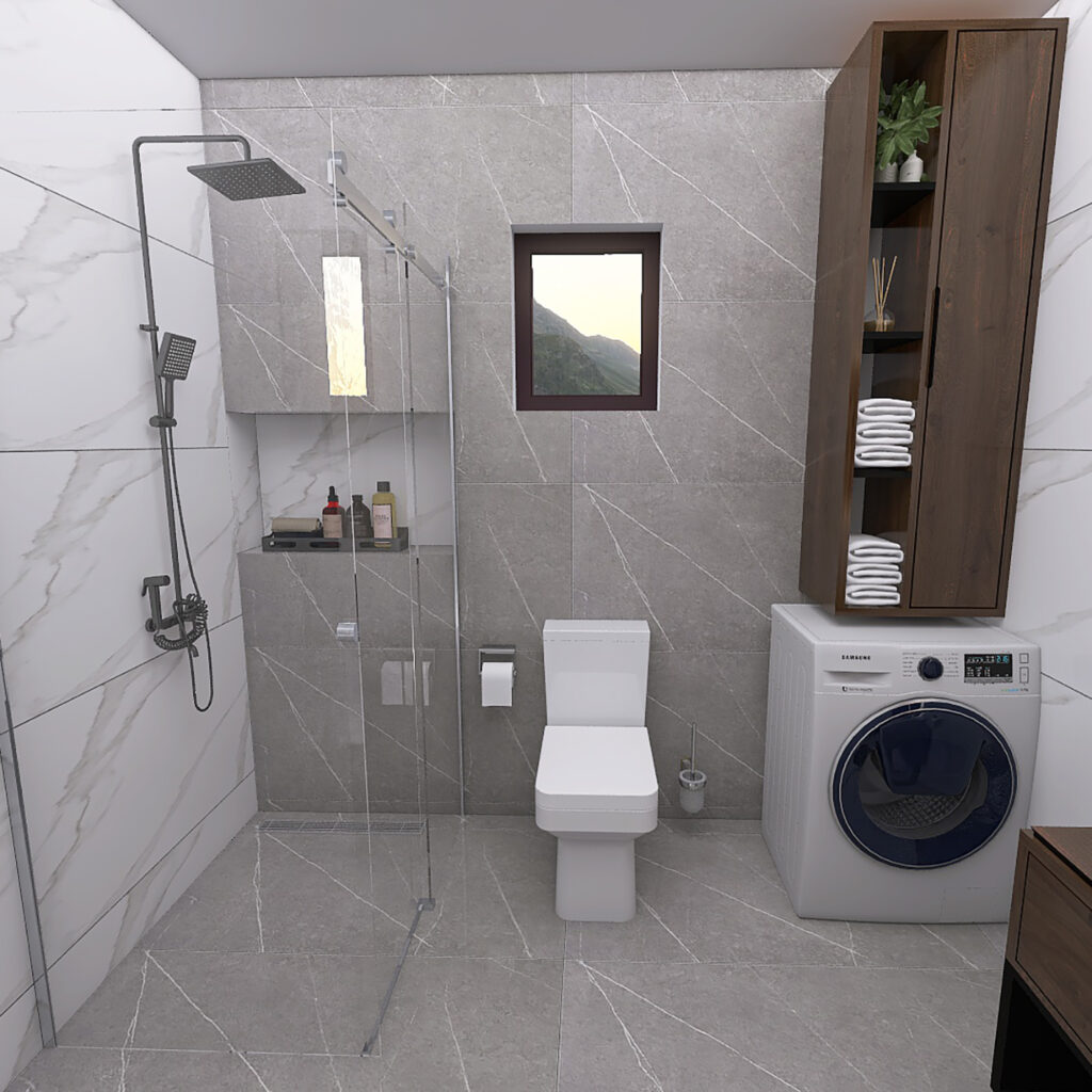 Modern bathroom with a glass shower enclosure, gray marble tiles, a white toilet, and a tall wooden cabinet holding towels and plants beside a washing machine on the right.