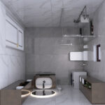 Top-down view of a modern bathroom with glass shower enclosure, wall-mounted sink, toilet, washing machine, and storage cabinets on gray marble tiles
