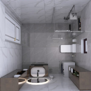 Top-down view of a modern bathroom with glass shower enclosure, wall-mounted sink, toilet, washing machine, and storage cabinets on gray marble tiles