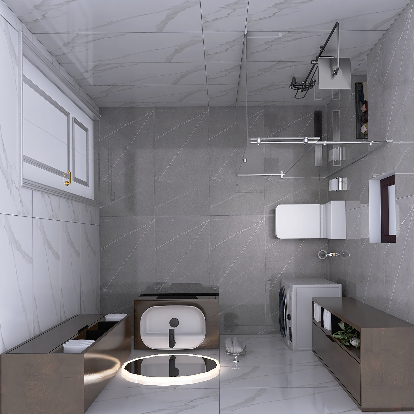 Top-down view of a modern bathroom with glass shower enclosure, wall-mounted sink, toilet, washing machine, and storage cabinets on gray marble tiles