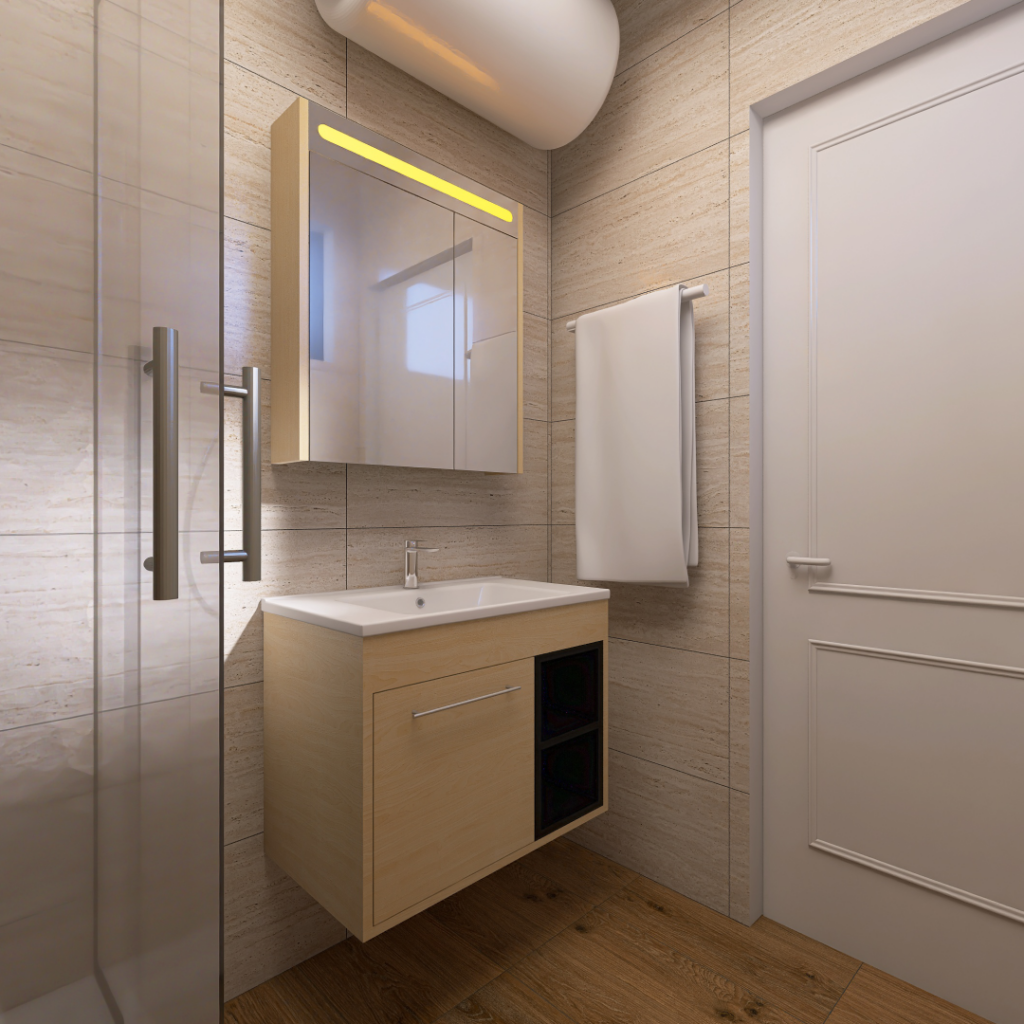 Modern bathroom with a floating wooden vanity, rectangular sink, and wall-mounted mirror cabinet with a yellow-lit top strip; towel rail with a white towel, glass shower on the left, and a white door on the right.