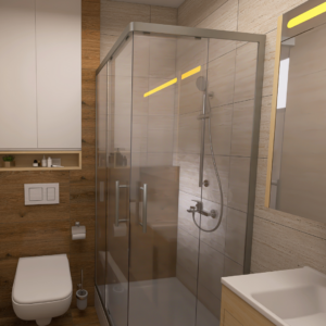 Modern bathroom with a glass-walled shower, toilet, and wood-paneled walls in a contemporary setting.