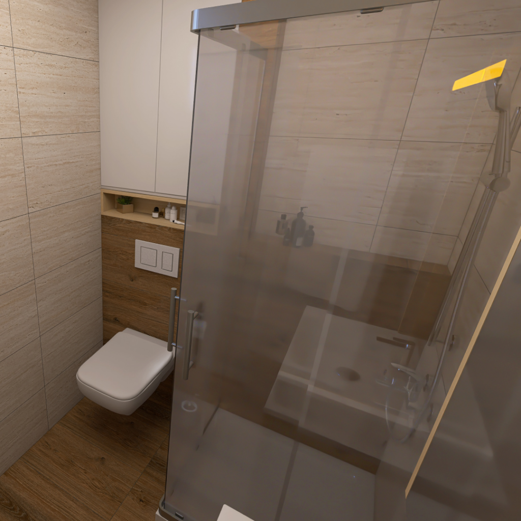 Small modern bathroom with a wall-mounted toilet beside a wooden shelf and glass shower enclosure on beige tiled walls and wood-look flooring.