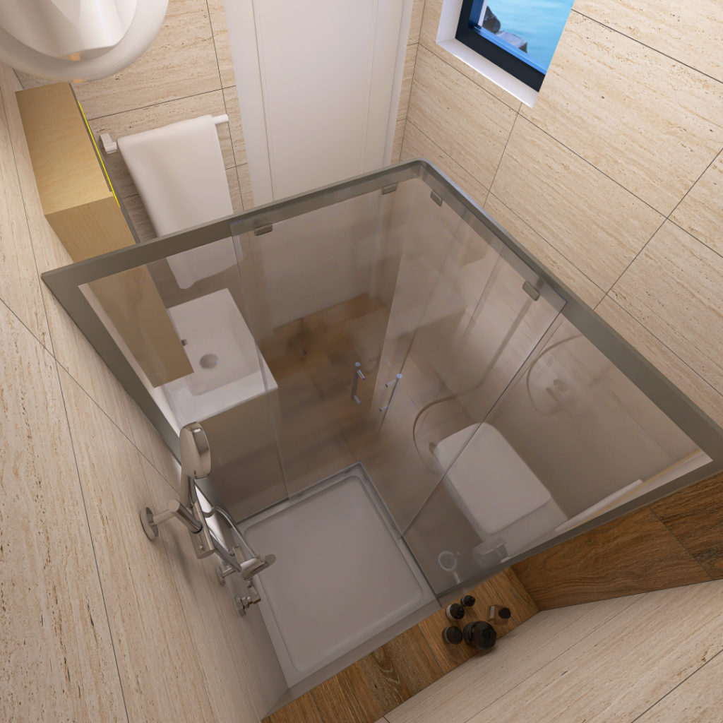Overhead view of a compact bathroom with a glass-enclosed shower, toilet, and beige tiled walls and floor.