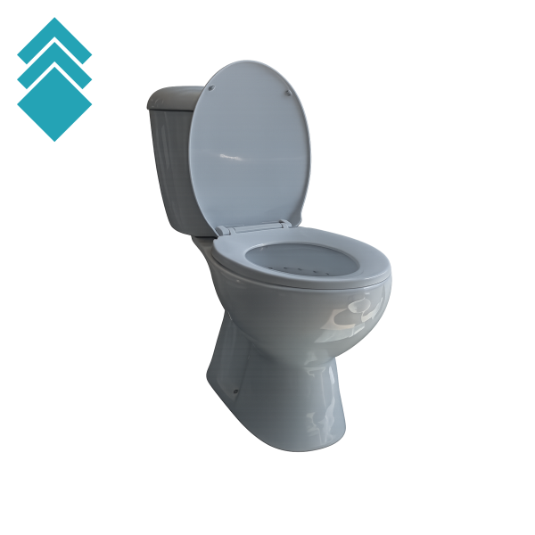 Gray ceramic toilet with the lid up, isolated on a white background, with a teal stacked-diamond logo in the upper-left corner.