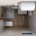 Top-down view of a modern bathroom showing a glass-enclosed shower, toilet, sink with vanity, and a large tub.