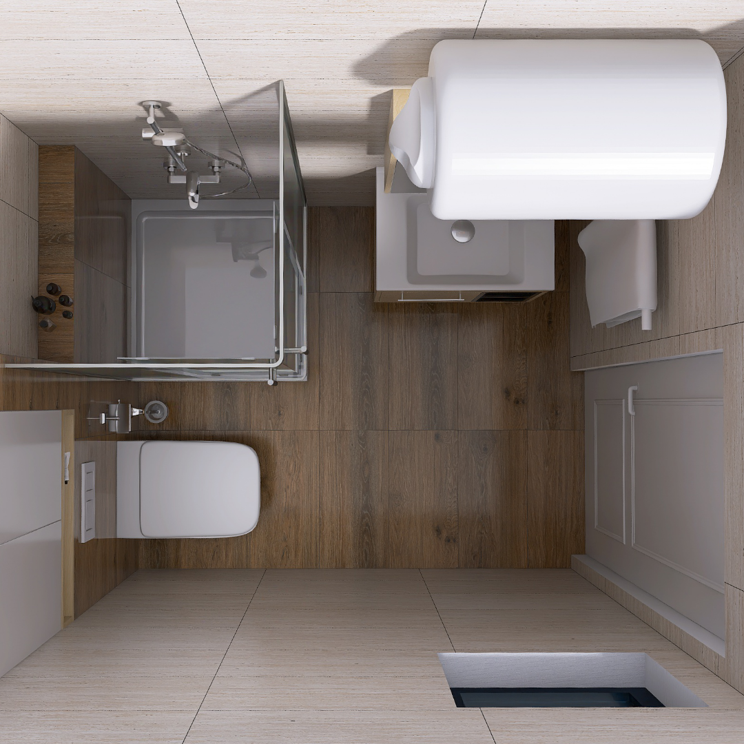 Top-down view of a modern bathroom showing a glass-enclosed shower, toilet, sink with vanity, and a large tub.