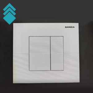 White square wall switch with two vertical central buttons and grooved panels; SANICA brand text in the upper-right.
